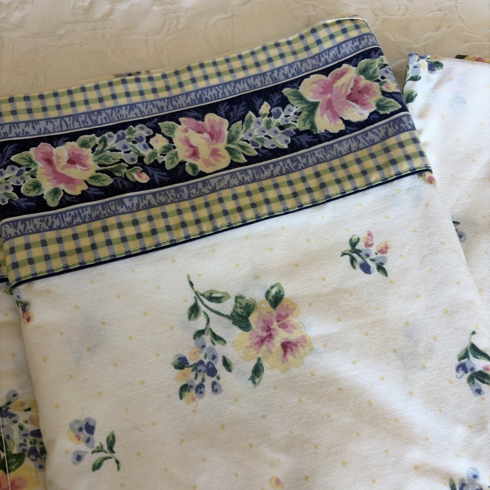 VTG Allyson Kent Queen Flat Sheet Floral Gingham Cottagecore USA Made Percale